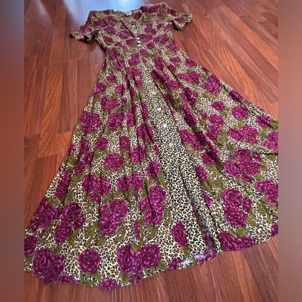 Vintage JBS Floral Leopard Animal Print Maxi Dress Shoulder Pads 8 Cottagecore